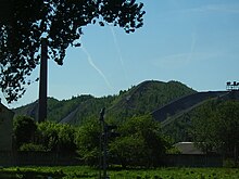 A colour photograph of an old semi-coke heap in Kiviõli, dated to 2005, with a large tree in the foreground. The heap is green.