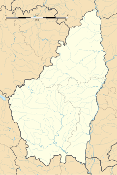 Mapa konturowa Ardèche, blisko centrum na dole znajduje się punkt z opisem „Saint-Laurent-sous-Coiron”