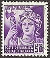 A stamp from the Italian Social Republic, depicting Italia turrita holding a Fasces