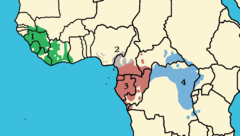 Mapa de distribuição das quatro subespécies de chimpanzé-comum: 1. P. t. verus. 2. P. t. vellerosus. 3. P. t. troglodytes. 4. P. t. schweinfurthii.