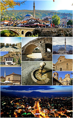 Clockwise from top: old town, the fortress, stone bridge, Our Lady of Ljeviš Sinan Pasha Mosque, Shadervan Square, Cathedral of Our Lady of Perpetual Succour, Gazi Mehmet Pasha Hammam and Prizren during the evening.