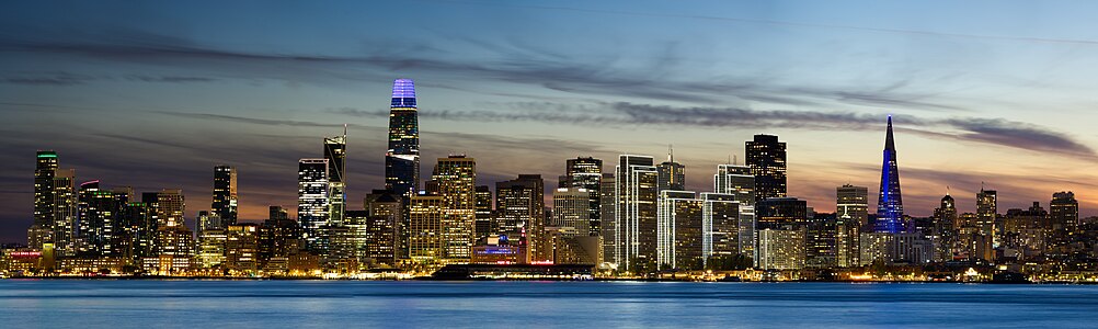 Panorama of San Francisco at dusk taken from the Treasure Island in November 2023.