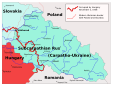 Carpato-Ucraina independentă ocupată de Ungaria în 1939, cu delimitarea teritoriului acordat Ungariei prin arbitrajul de la Viena