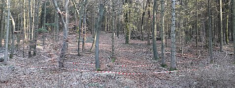 3/ Cabaret du gibet de Creuë dont le fossé est visualisé avec des rubans de signalisation.