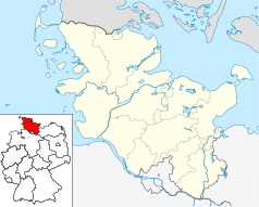 Mapa konturowa Szlezwika-Holsztynu, blisko centrum na dole znajduje się punkt z opisem „Bad Bramstedt”