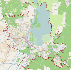 Mapa konturowa Szczecina, blisko centrum na lewo znajduje się punkt z opisem „Teatr Lalek „Pleciuga””