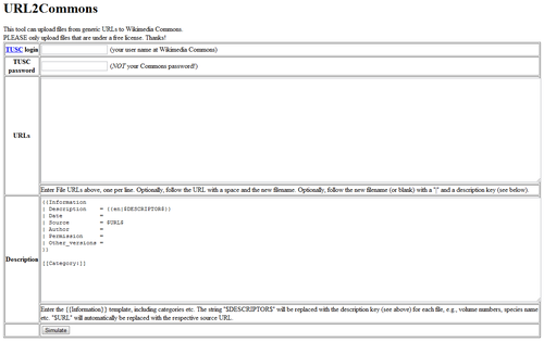 Initial state of the URL2Commons tool, with two main panels.