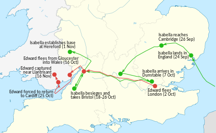 Map of the route for the 1326 invasion of England by Roger Mortimer and Queen Isabella