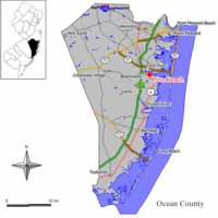 Map of Pine Beach in Ocean County. Inset: Location of Ocean County highlighted in the State of New Jersey.