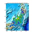 新潟県中越沖地震の震源と震度分布(防災科学技術研究所の地震計のデータより作成)