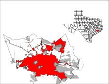 Houston'un Harris Kontluğu ve Teksas'taki konumu.