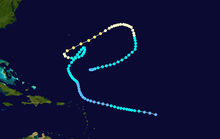 Map showing the path and intensity of Hurricane Inga