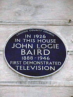 Blue plaque at 22 Frith Street, Westminster, W1, commemorating Scottish inventor John Logie Baird's first demonstration of the television