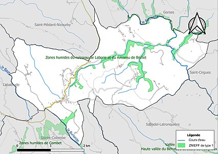 Carte des ZNIEFF de type 1 sur la commune.