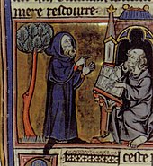 Enluminure d’un manuscrit français du XIIIe siècle représentant l'enchanteur Merlin, à gauche, discutant avec un moine copiste, à droite.