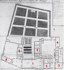 Het jezuïetencomplex in 1786: kerk (1), sacristie (2), kapel & sodaliteit (3), brouwerij (4), klooster (5), college (6)