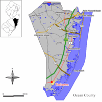 Map of Tuckerton in Ocean County. Inset: Location of Ocean County highlighted in the State of New jersey.