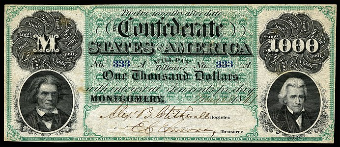 $1,000 Confederate States of America note from 1861, showing Calhoun and Jackson