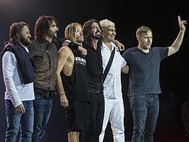 Foo Fighters after performing in September 2017. From left to right: Chris Shiflett, Rami Jaffee, Taylor Hawkins, Dave Grohl, Pat Smear and Nate Mendel