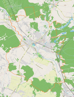 Mapa konturowa Myszkowa, w centrum znajduje się punkt z opisem „Myszków”