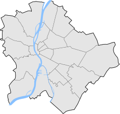 Mapa konturowa Budapesztu, blisko centrum na lewo znajduje się punkt z opisem „Plac Ferenca Deáka”