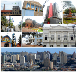 From left to right, the notable landmarks in Limeira include the Prada Building, the Fraternity Palace, the Commercial Centre Edifice, the revolutionary monument on Toledo Barros plaza, the "Spencer Vampré" City Forum, the Grotto, the Levy Manour, St. Thérèse of Lisieux Church, E.E. Brasil (state high school), and the skyline seen from Jd. Planalto.