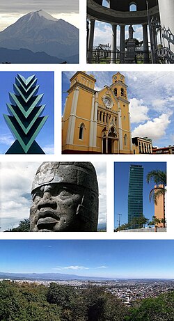 Clockwise, from upper left: Pico de Orizaba, General Juan de la Luz Enríquez Lara tomb, Xalapa Cathedral, Centro Mayor Tower, panoramic view from the Macuiltepetl's Mountain, Olmec colossal head from Museo de Antropología de Xalapa, Araucaria sculpture.