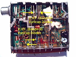 Platine eines UHF- und VHF-Fernsehtuners mit gelb gekennzeichneten Varicap-Dioden