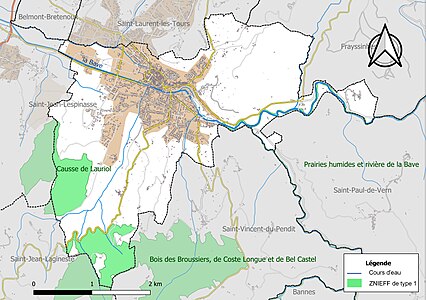 Carte des ZNIEFF de type 1 sur la commune.