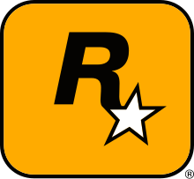 A capital "R" in black with a five-pointed, white star with a black outline appended to its lower-right end. They lay on an orange square with a black outline and rounded corners.