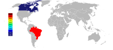 Grey and white world map with Brazil colored red representing 90% of niobium world production and Canada colored in dark blue representing 5% of niobium world production