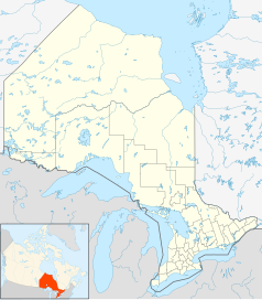 Mapa konturowa Ontario, na dole po prawej znajduje się punkt z opisem „Pomnik Katyński w Toronto”