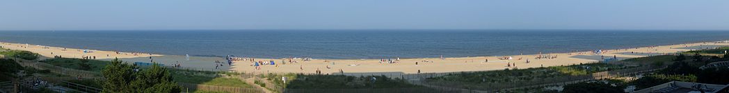 A beach with people scattered about and backlit by late afternoon sun.