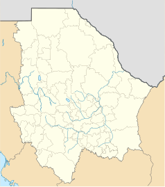 Mapa konturowa Chihuahuny, blisko górnej krawiędzi znajduje się punkt z opisem „Katedra Matki Boskiej z Gwadelupy w Ciudad Juárez”