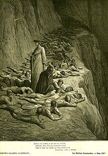 Image from Dante's Purgatory by Gustave Doré of greedy and prodical souls laying face down in the dust