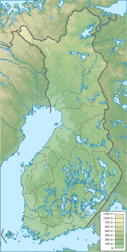 Mapa konturowa Finlandii, u góry znajduje się punkt z opisem „źródło”, natomiast u góry nieco na prawo znajduje się punkt z opisem „ujście”