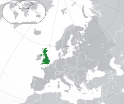 Location o the  United Kingdom  (dark green) – on the European continent  (green & dark grey) – in the European Union  (green)