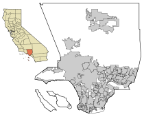 Map of Los Angeles County, with incorporated areas (islands not shown in actual positions); inset- location of the county in California