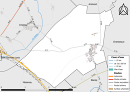 Carte en couleur présentant le réseau hydrographique de la commune