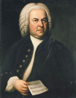 Johann Sebastian Bach en la jaro 1746, kun enigmokanono. Oleopentraĵo de Elias Gottlob Haußmann el la jaro 1748[1]