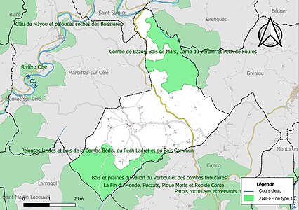 Carte des ZNIEFF de type 1 sur la commune.