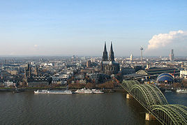 Cologne skyline, with the Groß St. Martin, Cologne Cathedral, and the Hohenzollernbrücke