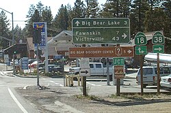 Looking west at corner of Big Bear Boulevard and Greenway in Big Bear City. This is where Highways 18 and 38 cross over.