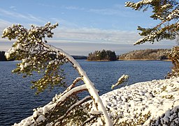 Bornsjön, vy mot väster från norra stranden, Oxhaga holme syns i bakgrunden.