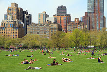 People seated or reclining on the large grass area known as Sheep Meadow