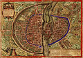 Carte de Sebastian Münster de 1572 représentant Paris. En bleu, l'enceinte de Philippe Auguste, doublée sur la rive droite de l'enceinte de Charles V.