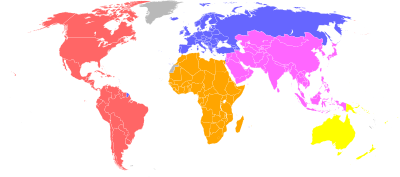 Mapa amb tots els països membres de la FINA. Estan agrupats per colors segons cada confederació.