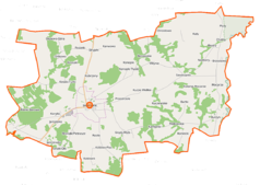 Mapa konturowa gminy Jedwabne, blisko centrum na lewo znajduje się punkt z opisem „miejsce masowego zabójstwa Żydów”