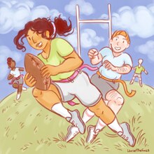 Dessin de personnes trans jouant au rugby foulard