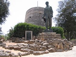 Memorial to Mordechaj Anielewicz next to the destroyed Water tower at kibbutz Yad Mordechai